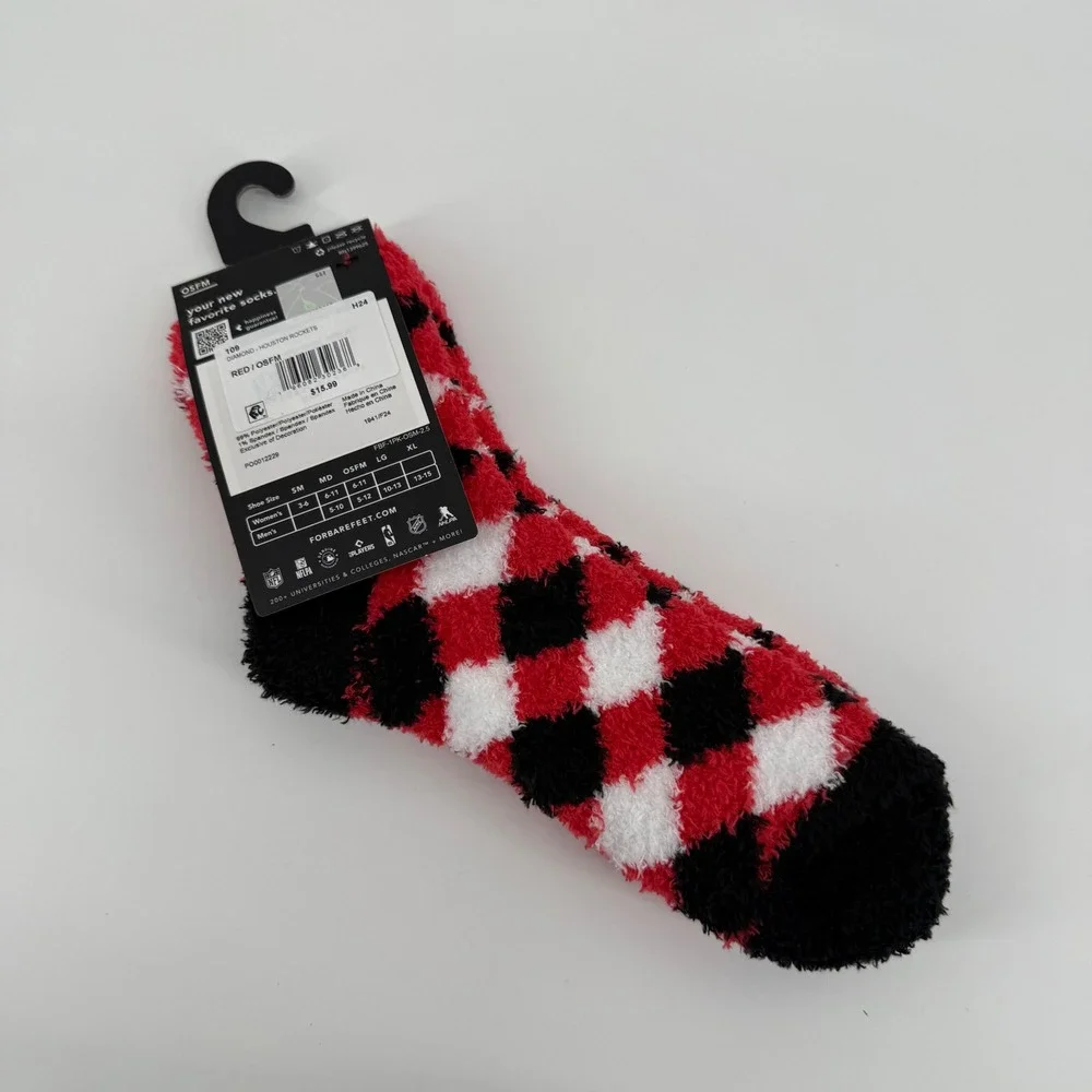 For Bare‎ Feet OSFM Houston Rockets Red Black Argyle Fuzzy Crew Socks NWT